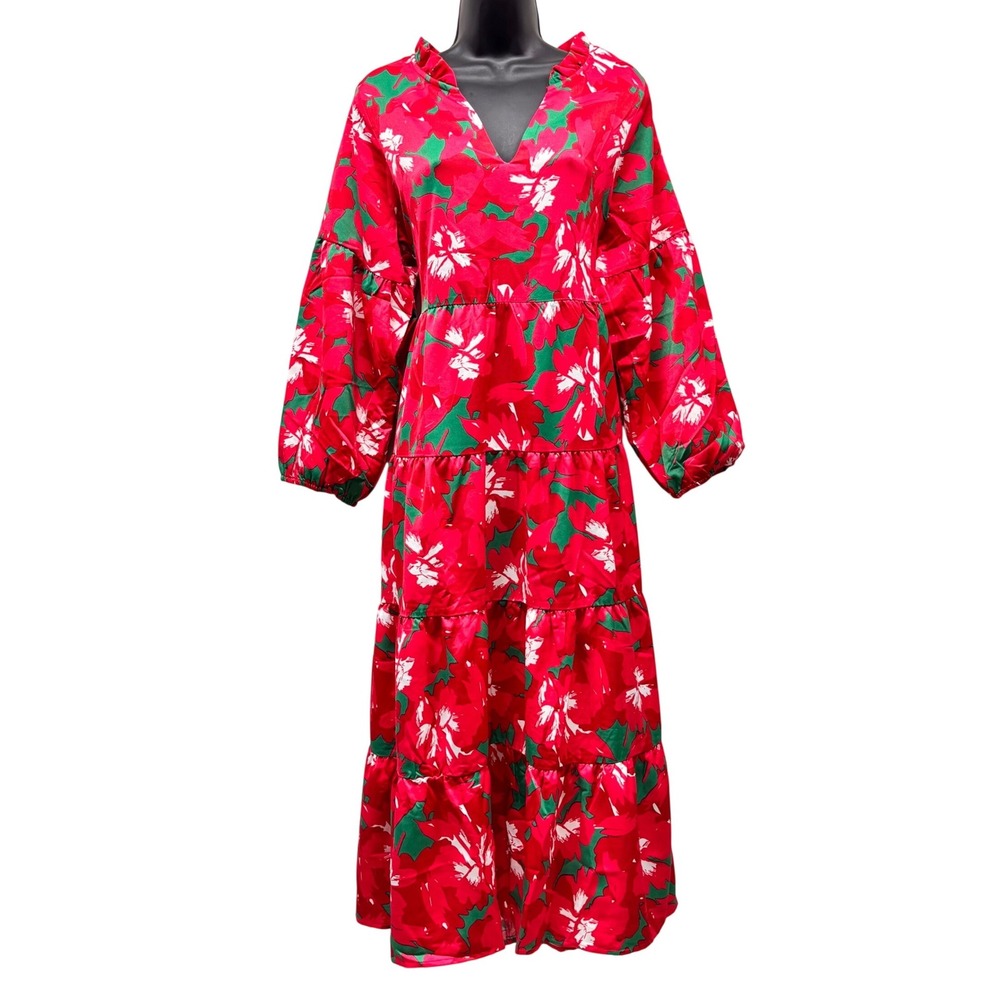 Michelle McDowell Floral Tiered Maxi Dress Red Green White V-Neck Womens Large